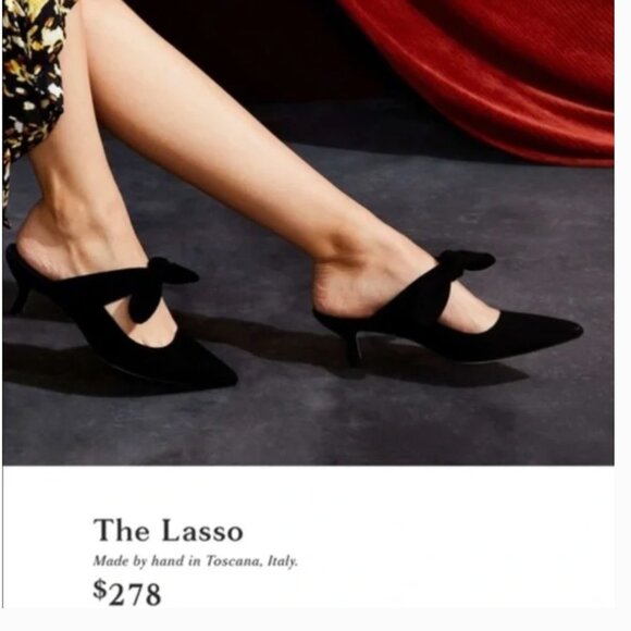 M Gemi Lasso Suede Pointed Toe Tie Bow Heeled Open Back Mules Shoes Black US 6.5 - Picture 1 of 11